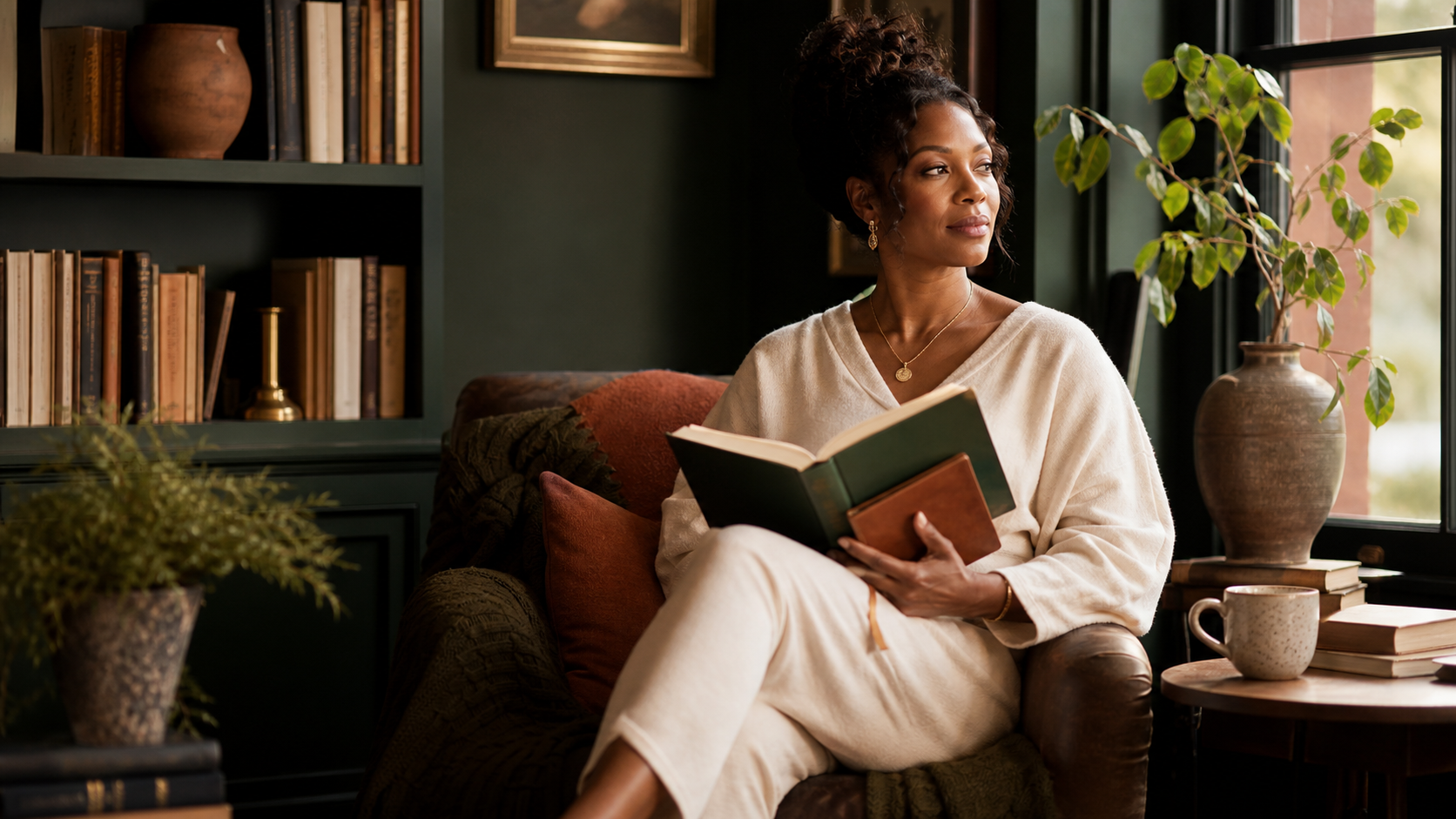A reader enjoying a quiet book and journal moment in a warm home library